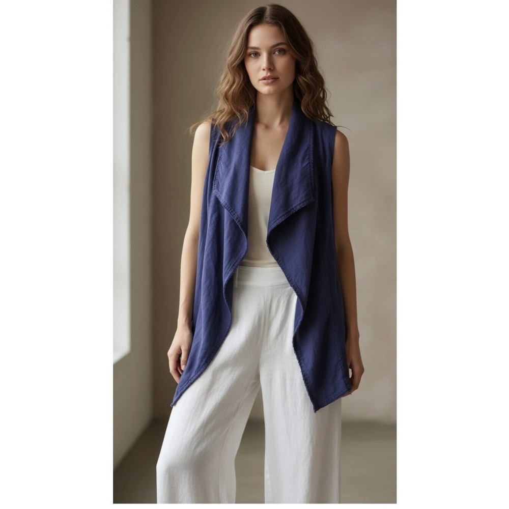 Tommy Bahama Womens Large Blue 100% Linen Draped Open Front Fringe Vest‎ Indigo